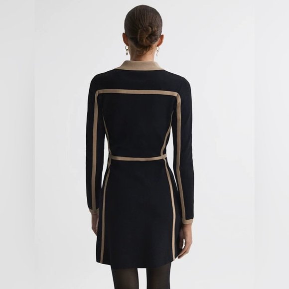 NEW Reiss Nikki Contrast Trim Press Stud Mini Dress in Black Camel | size S - Picture 3 of 8